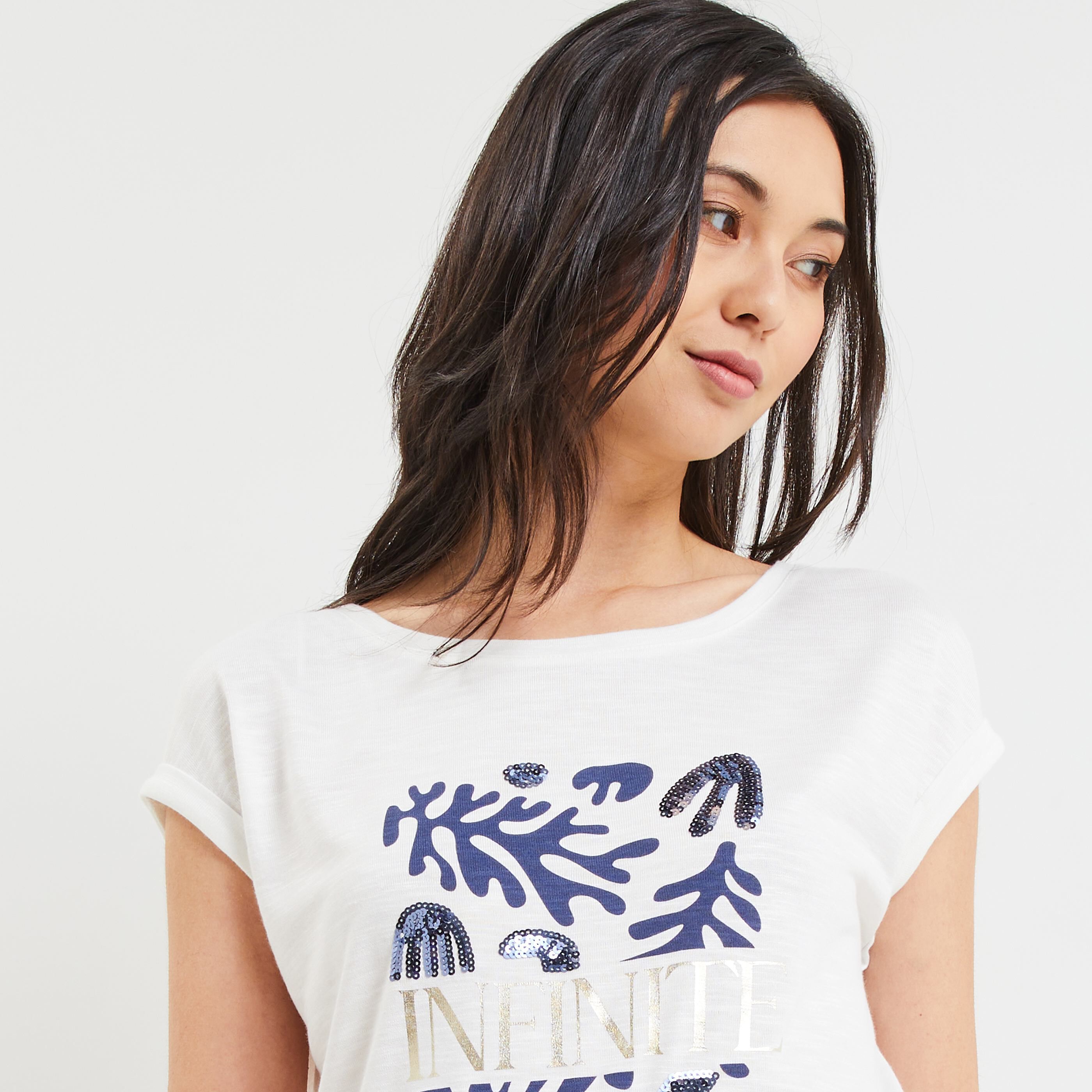 T-shirt imprimé et sequins femme - BLANC CASSE