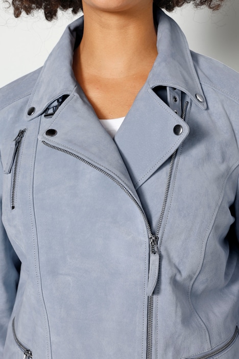 Leder-Bikerjacke, echtes Leder, Revers, Zipper, Langarm