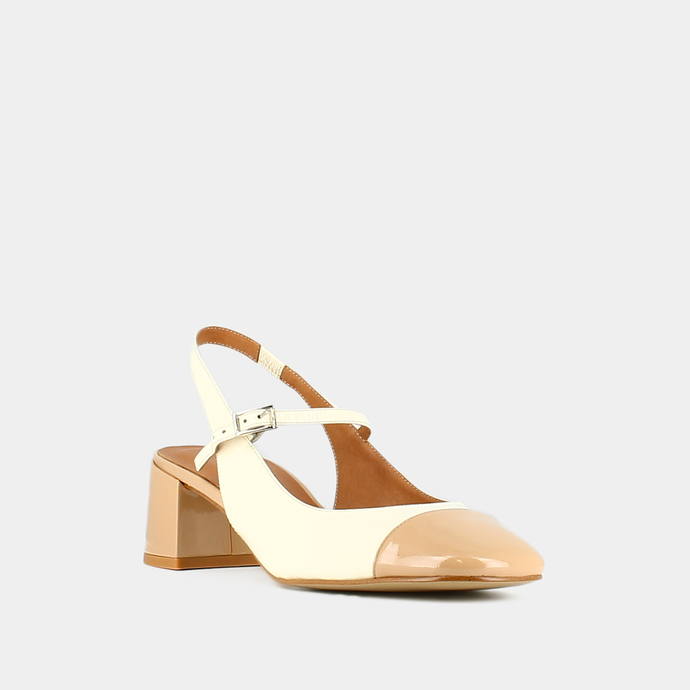 Salomés slingback à bouts carrés  en vernis beige et écru
