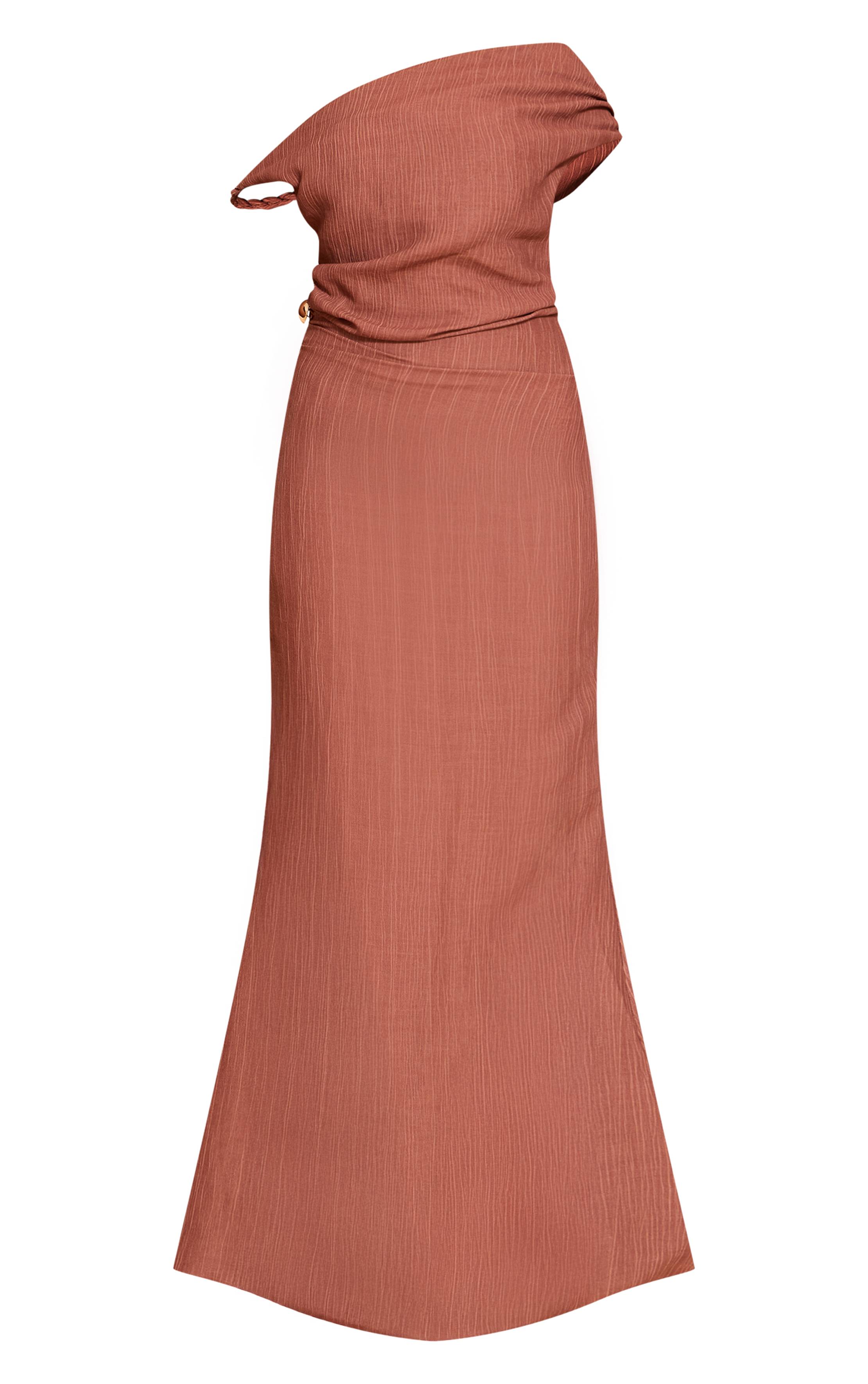 Marron Robe Longue Texturée Asymétrique À Une Épaule