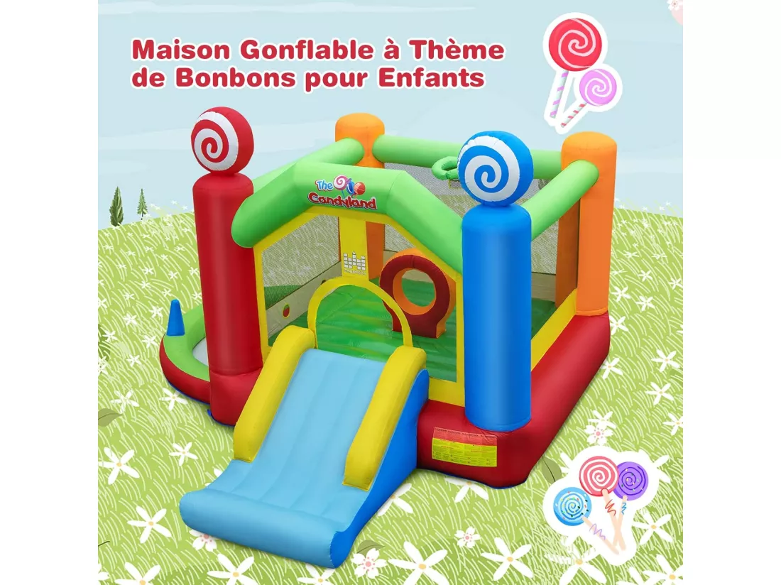 Château Gonflable avec Souffleur 680W, Maison de Saut Géante Intérieure Extérieure avec Toboggan, Décorations de Sucette, 50 Balles Océanique, Panier de Basket-Ball pour Enfants 3 Ans +