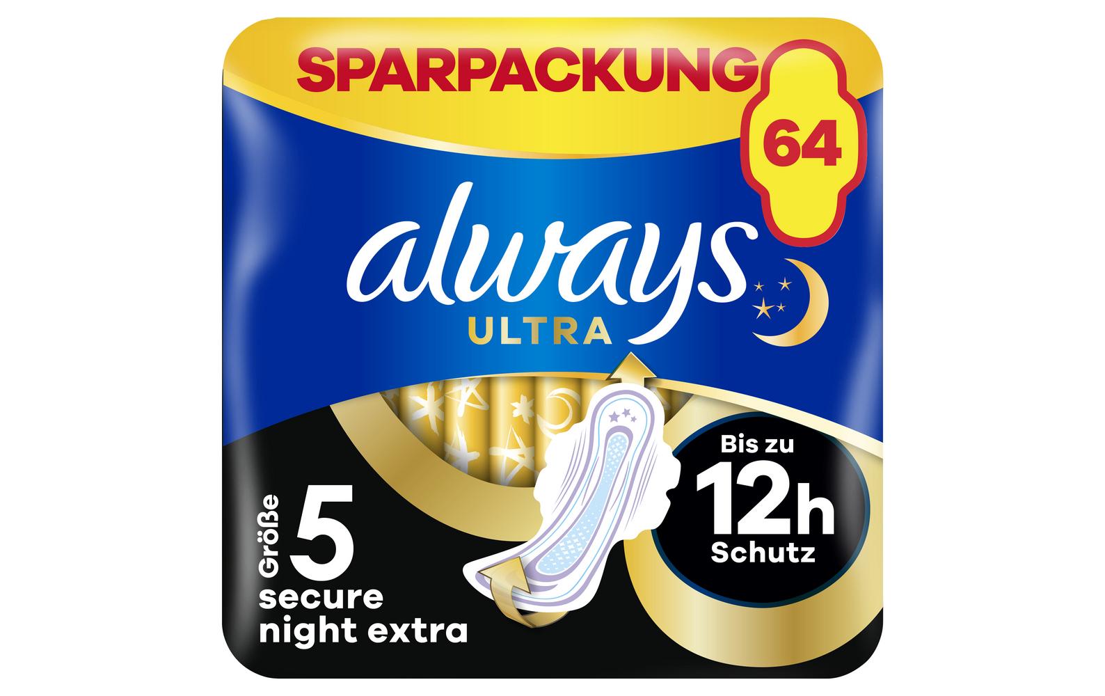 Binde mit Flügeln Ultra Secure Night Extra 64 StückHochwertige Binden mit saugfähigem Kern