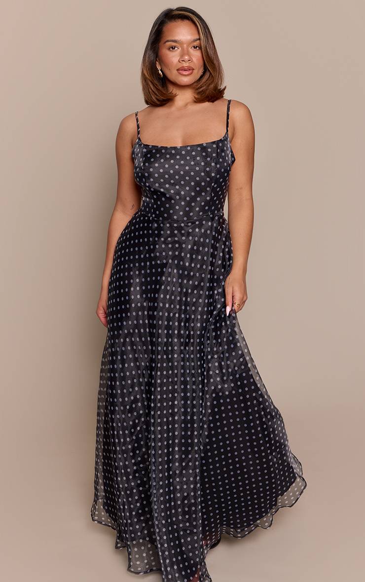 Black Polkadot Robe Longue En Organza Shape À Pois