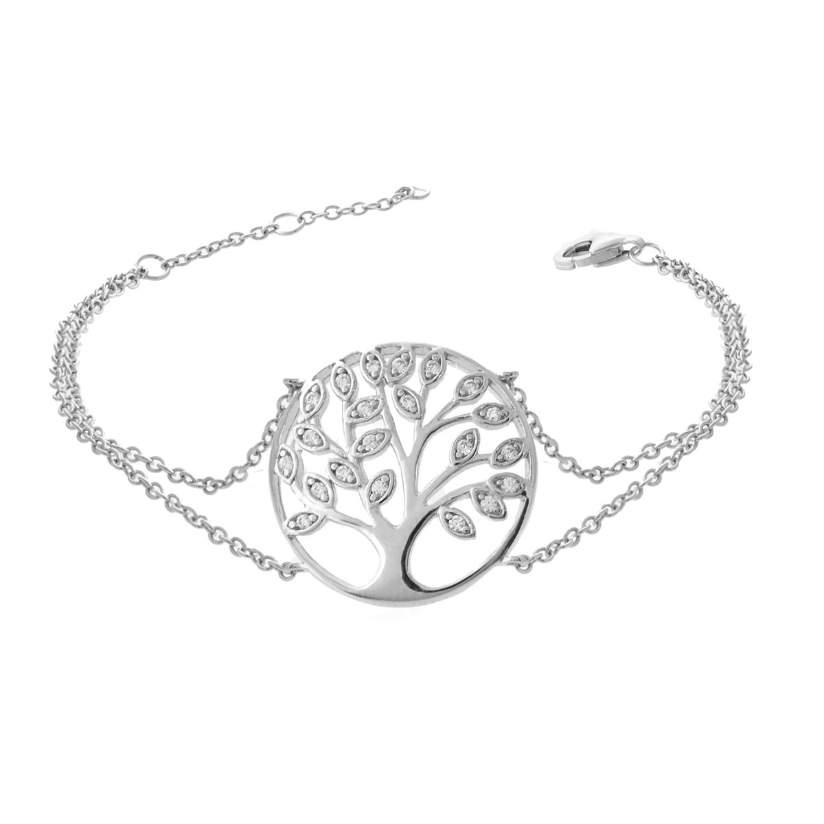 Bracelet arbre de vie feuilles serties d'oxydes de zirconium 2 rangs Argent 925 Rhodié