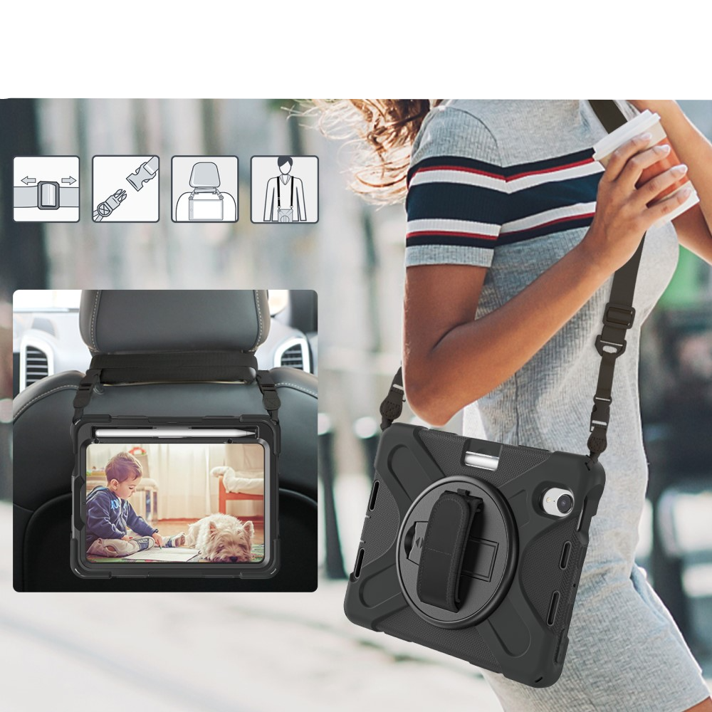 iPad Mini 7 (2024) / Mini 6 (2021) Hybrid Outdoor Silikon Case Hülle mit Aufsteller und Handschlaufe und Schultergurt - Schwarz