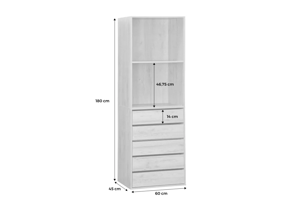 Module dressing avec 5 tiroirs et 2 étagères. blanc. panneaux stratifiés