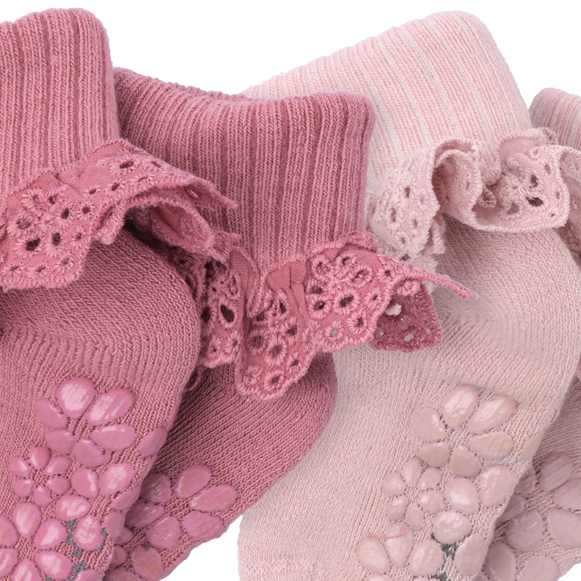 Topomini Pure Collection 2 Paar Baby Stoppersocken mit Spitze rosa / dunkelrosa