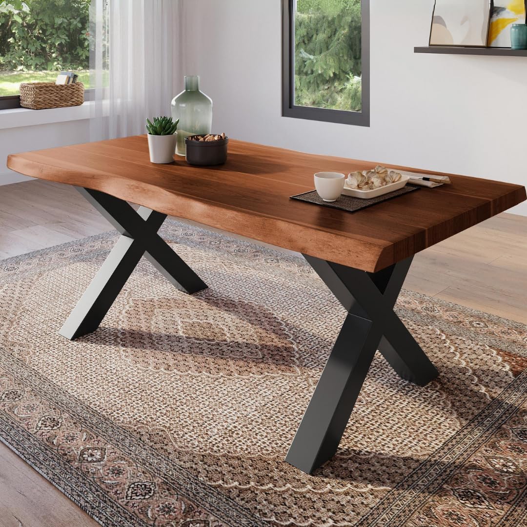 Esszimmertisch 160x85 cm, Akazienholz massiv, Tischplatte nussbaumfarben, echte Baumkante, X-Gestell schwarz, Baumkantentisch