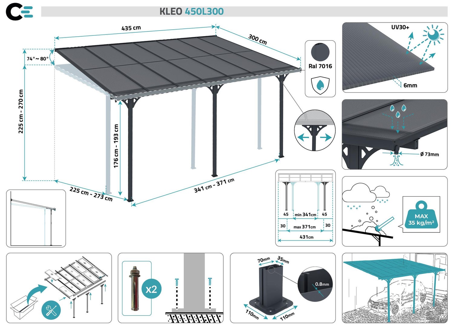 Terrasoverkapping/carport KLEO 450L300 aluminiumgrijs