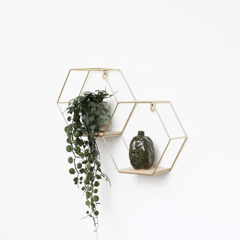 Dubbele zeshoekige metalen wandplank - 30,5 x 41 cm - Goud
