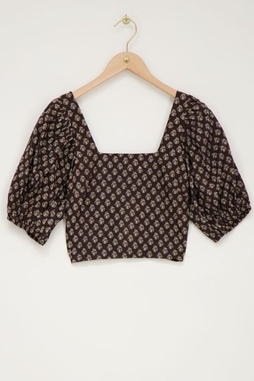 Donkergrijze smock top met ornament print