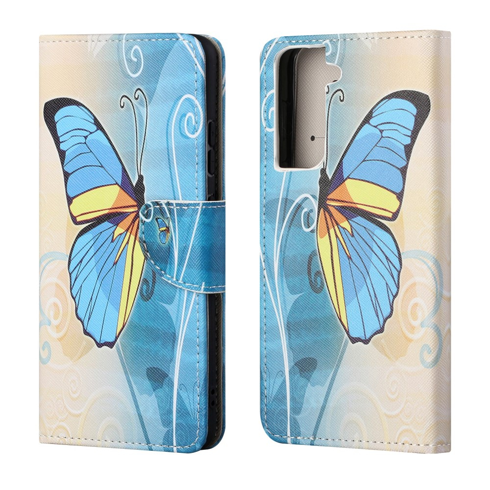 Samsung Galaxy S21 FE 5G Leder Tasche mit Kartenfach Schmetterling - Blau