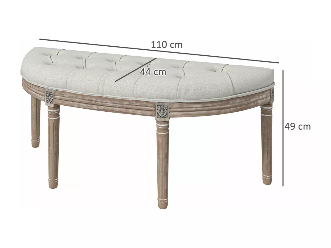 Banc bout de lit demi-lune style Louis XVI bois sculpté patiné tissu grège