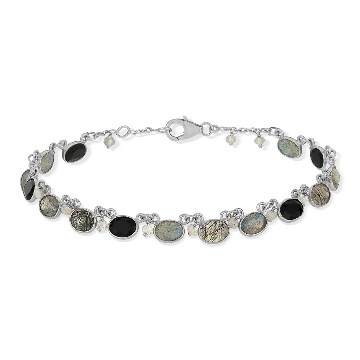 Bracelet argent 925 onyx noirs labradorites et quart gris 20 cm