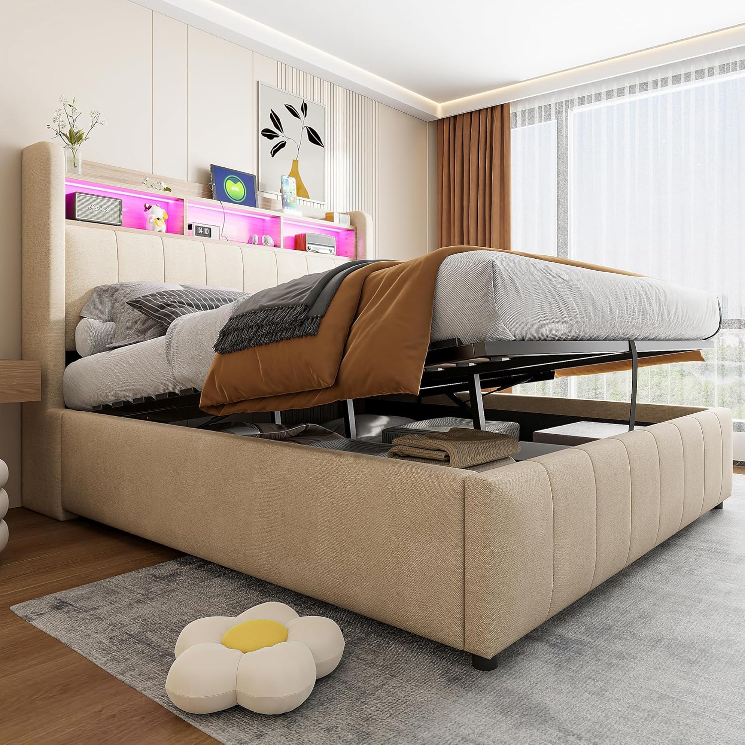 Ball & Cast Polsterbett (140x200cm) mit hydraulischem Stauraum, Doppelbett mit Beleuchtung und USB-Ladefunktion, Leinenstoff, Einfach & Zeitsparend Montierbar, Beige YD4357442