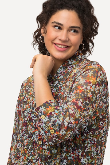 Mesh-Bluse, Millefleur, A-Linie, Hemdkragen, Langarm