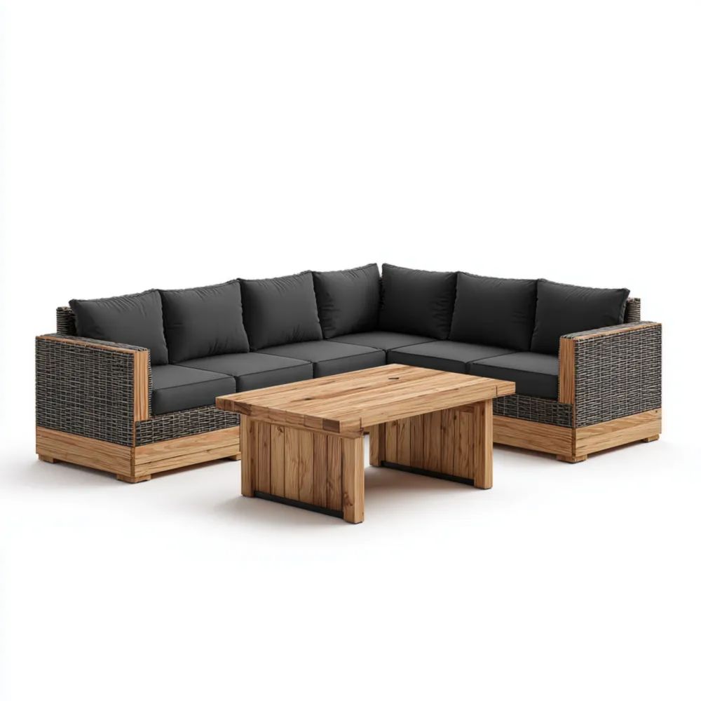 Garten-Sofaset Rattan-Holz 250x150x80 cm – Schwarz – Moderne Ecklösung