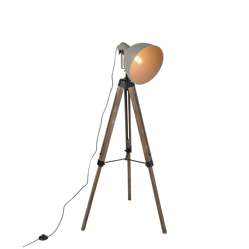 Industriële vloerlamp op houten tripod met grijze kap - Laos