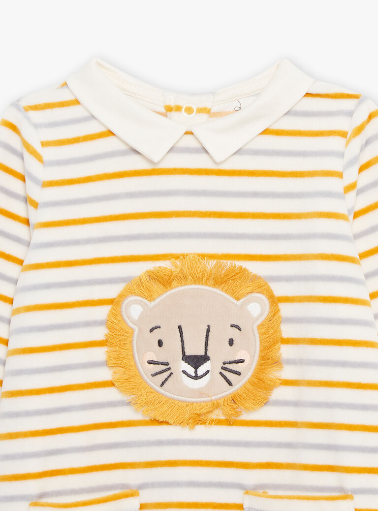 Grenouillère et son bonnet en velours écru à rayures multicolores