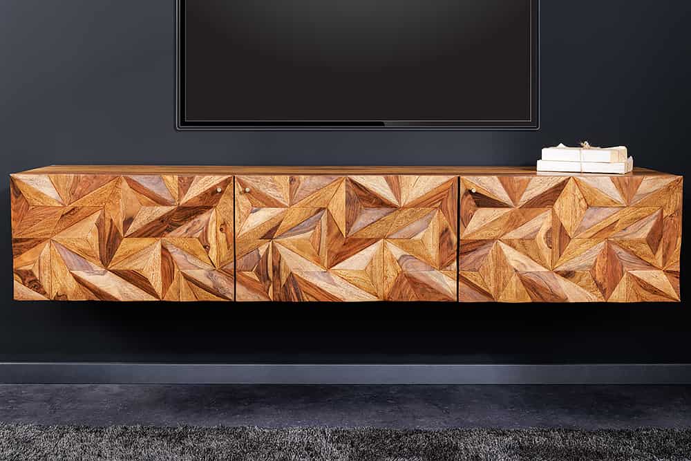 Hängendes TV-Lowboard ALPINE 160cm braun Sheesham Massivholz stone finish Metall gold