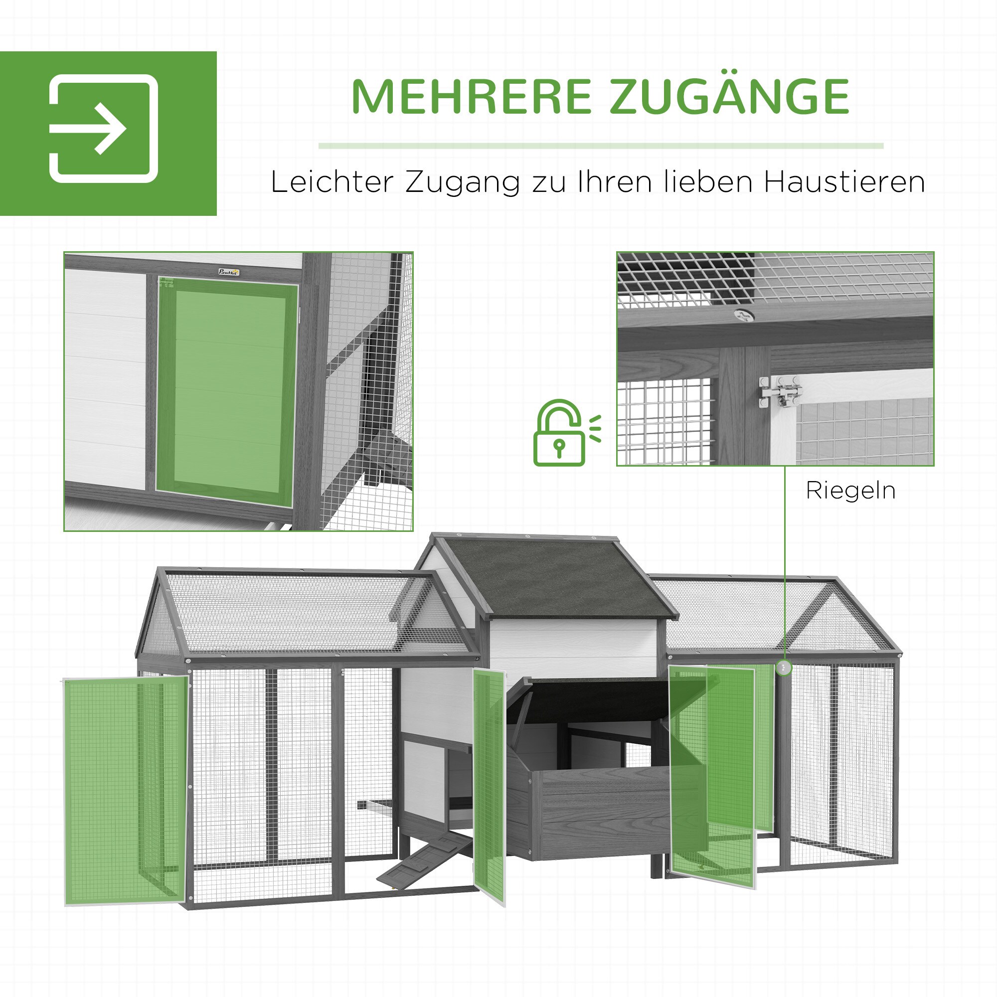 PawHut Hühnerstall mit Nistkasten und beidseitigem Außengehege grau 247L x 125B x 113,5H cm