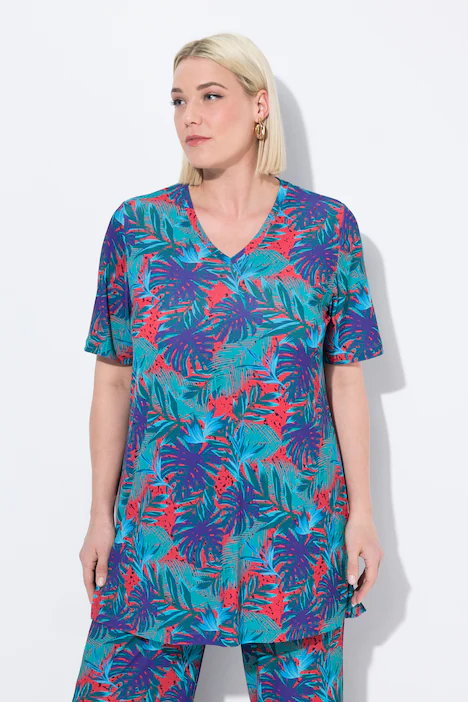 Longshirt, Palmen, A-Linie, V-Ausschnitt, Halbarm, salsa