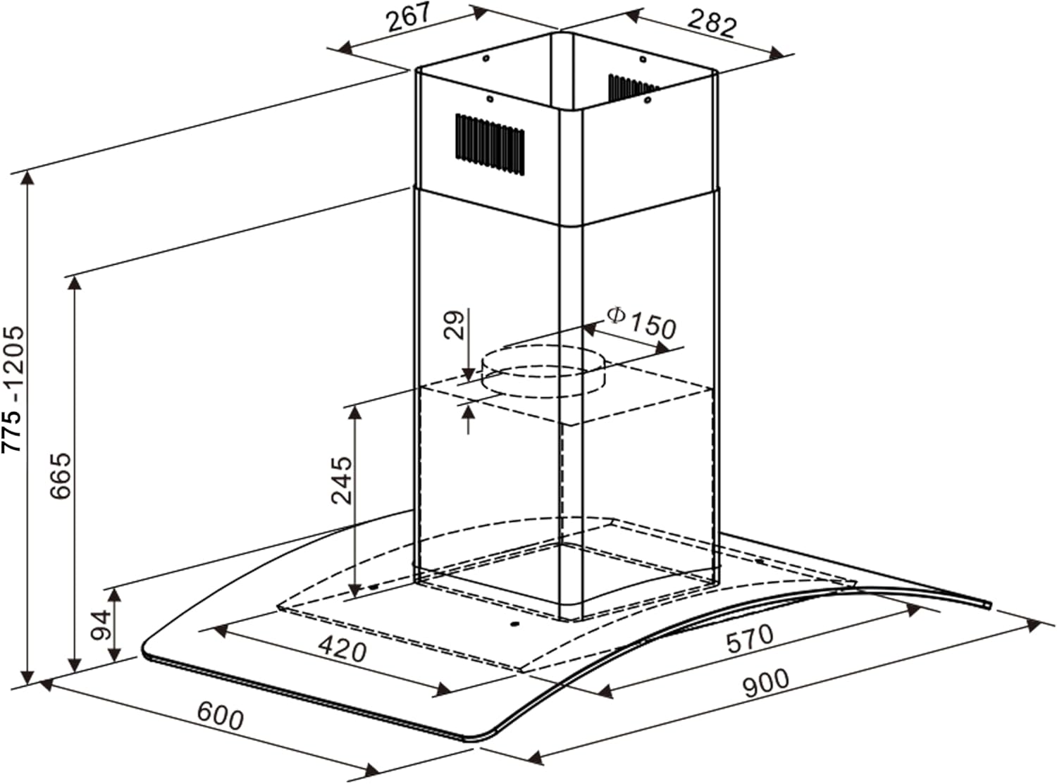 NEG Insel-Dunstabzugshaube NEG38-AT2 Abluft und Umluft, 90cm, 830 m³/h, Edelstahl, 2 Power-Stufen, Nachlauffunktion