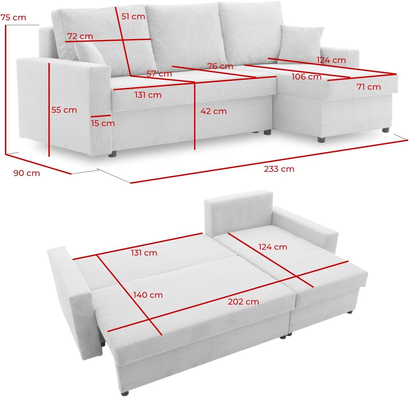 Ecksofa Aikido I 233x90 - mit schlaffunktion - Farben zur Auswahl - modernen Eckcouch - mit Bettkasten - Moderner Cordstoff - Stoff POSO (POSO 047)