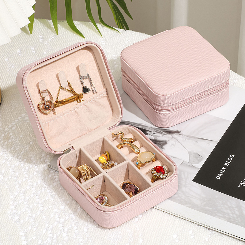 (10x10x5cm) Leder Schmuckschatulle Reise Aufbewahrungsbox Organizer für Ringe / Ohrringe / Armbänder - Rosa