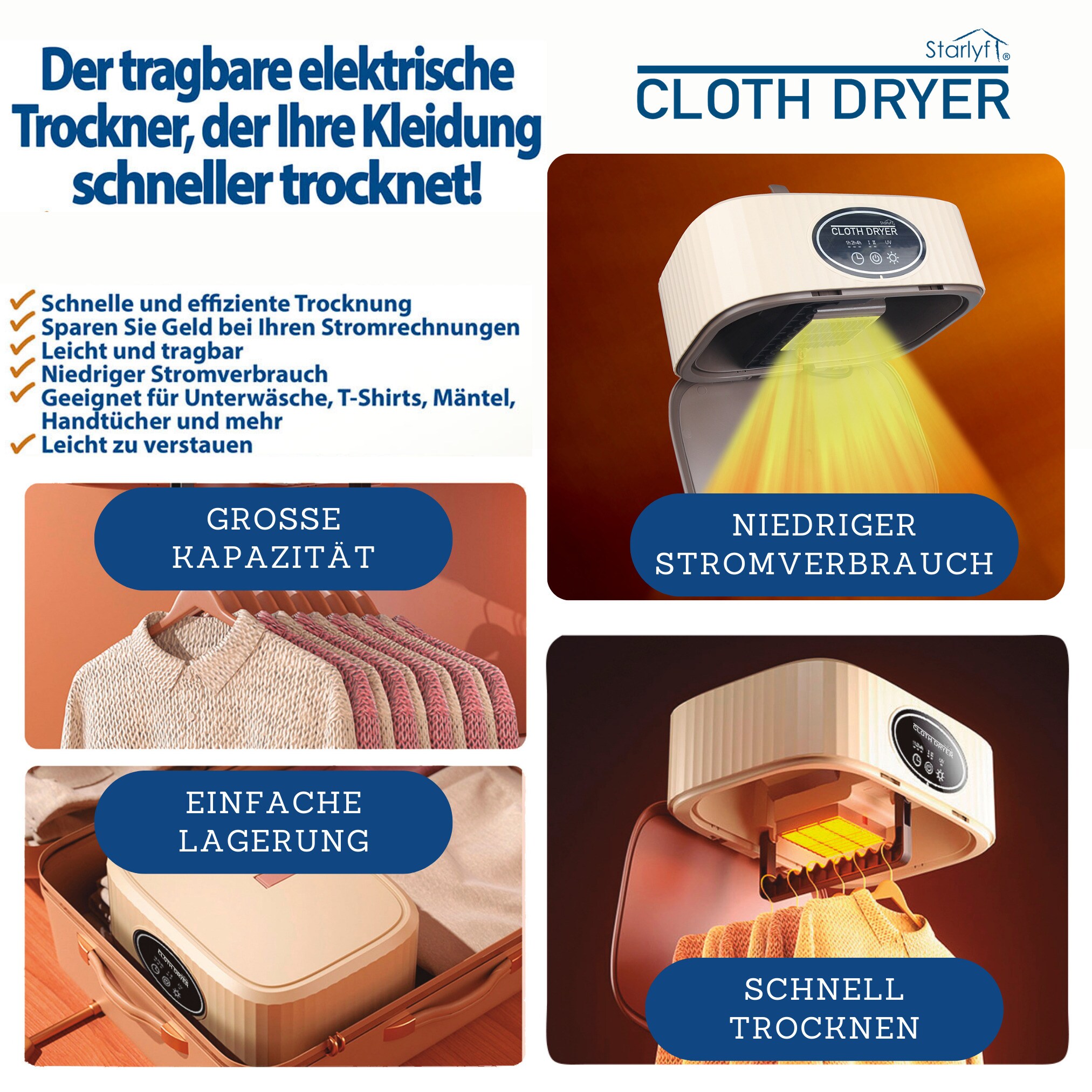 Starlyf® Elektrischer Wäschetrockner, klein und schmal zum Anhängen Cloth Dryer Set