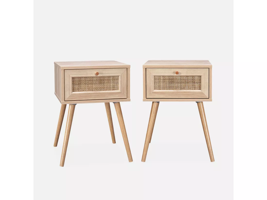 Lot de 2 tables de chevet effet bois & cannage avec 1 tiroir - Bohème