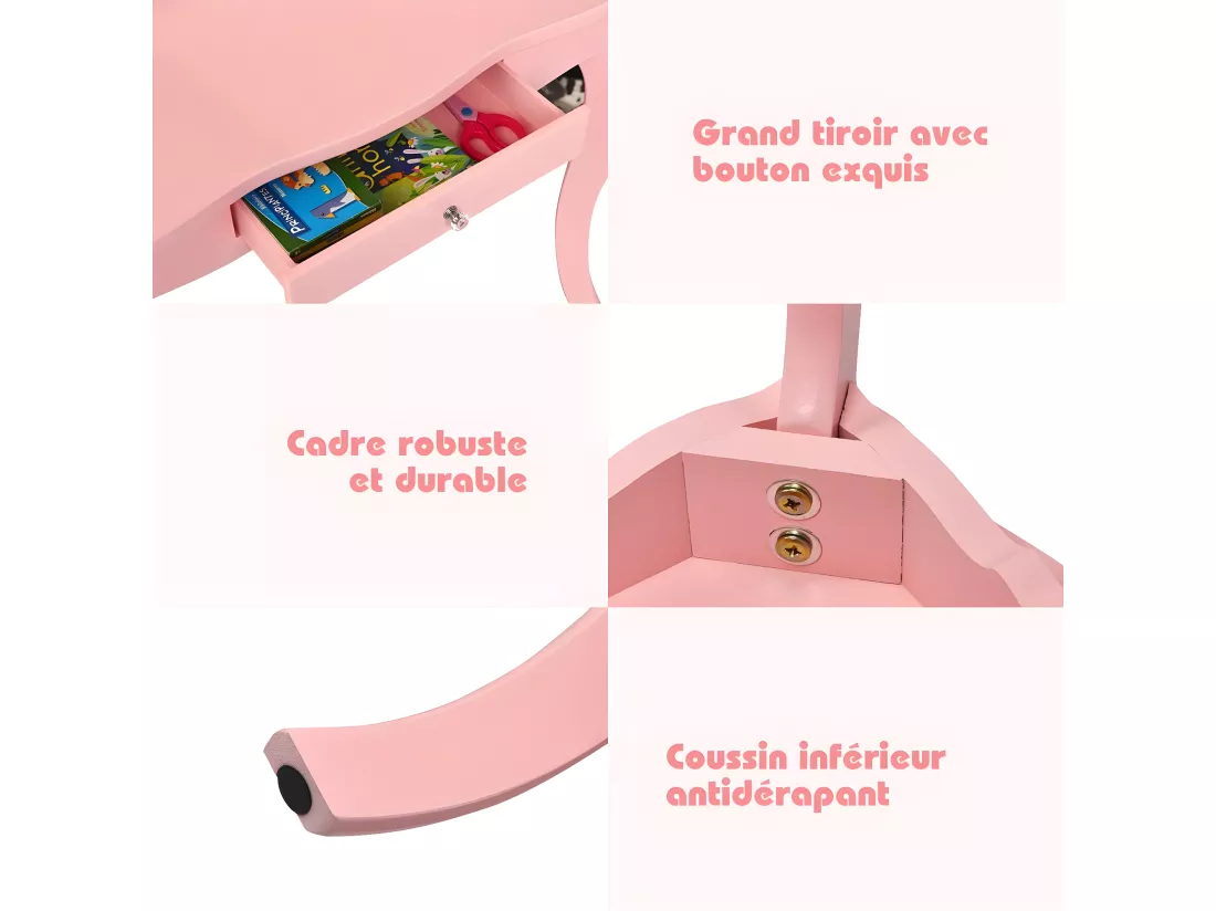 Coiffeuse Enfant Rose avec Tabouret, Table de Maquillage avec Miroir à Trois Panneaux et Tiroir, 70 x 34 x 103 CM, Rose