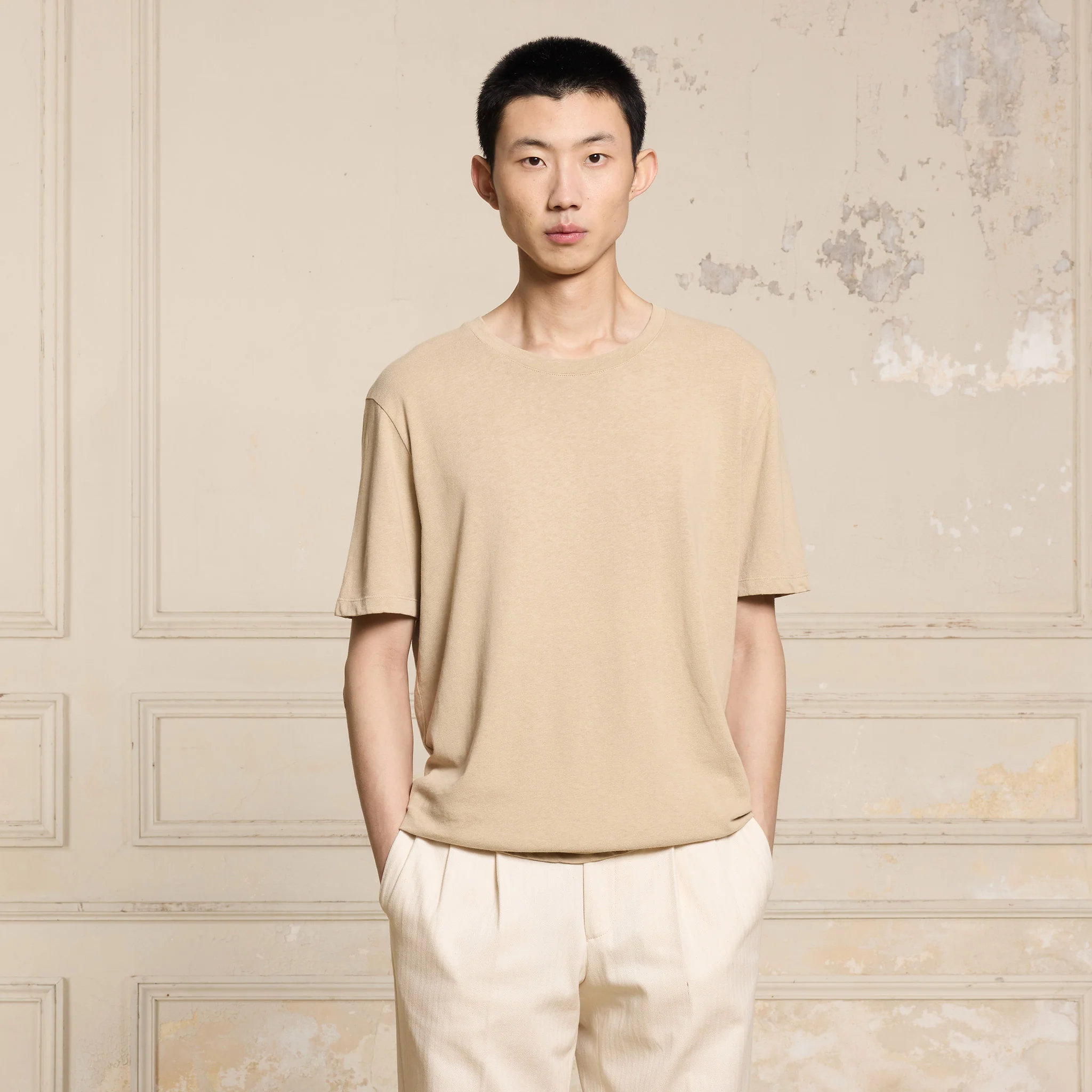 Beige cotton and linen T-shirt