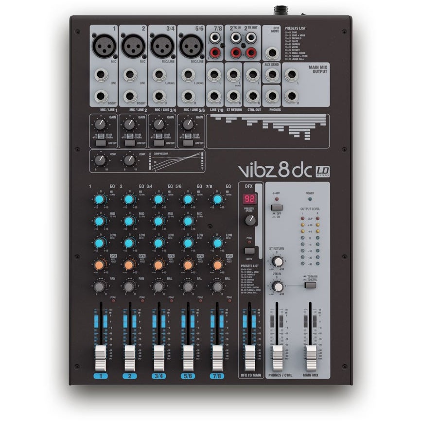 LD Systems VIBZ 8 DC 8-kanaals mixer met digitale effecten en compressor
