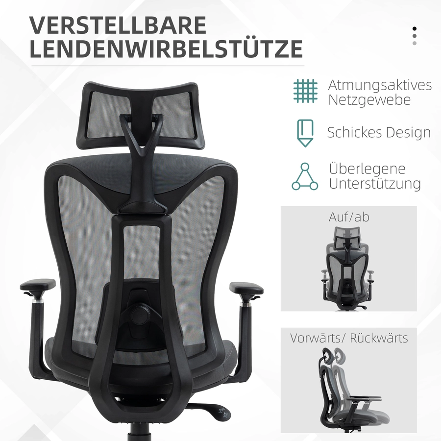 Vinsetto Bürostuhl mit verstellbarer Kopfstütze grau
