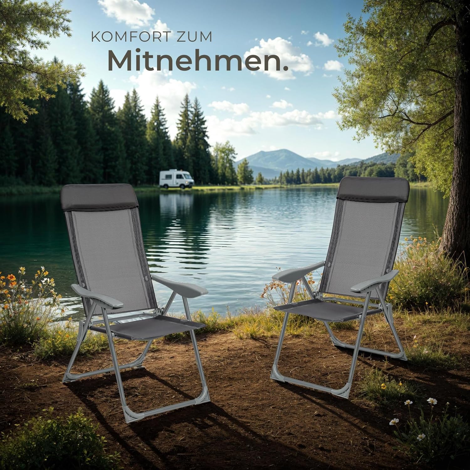 tectake® 4er Set Gartenstuhl Hochlehner, Gartenstühle, Essstühle Aluminium, Klappstuhl 5-Fach verstellbar mit Armlehnen, Sessel mit Liegefunktion, Gartenmöbel, Möbel für Terrasse, Camping - anthrazit