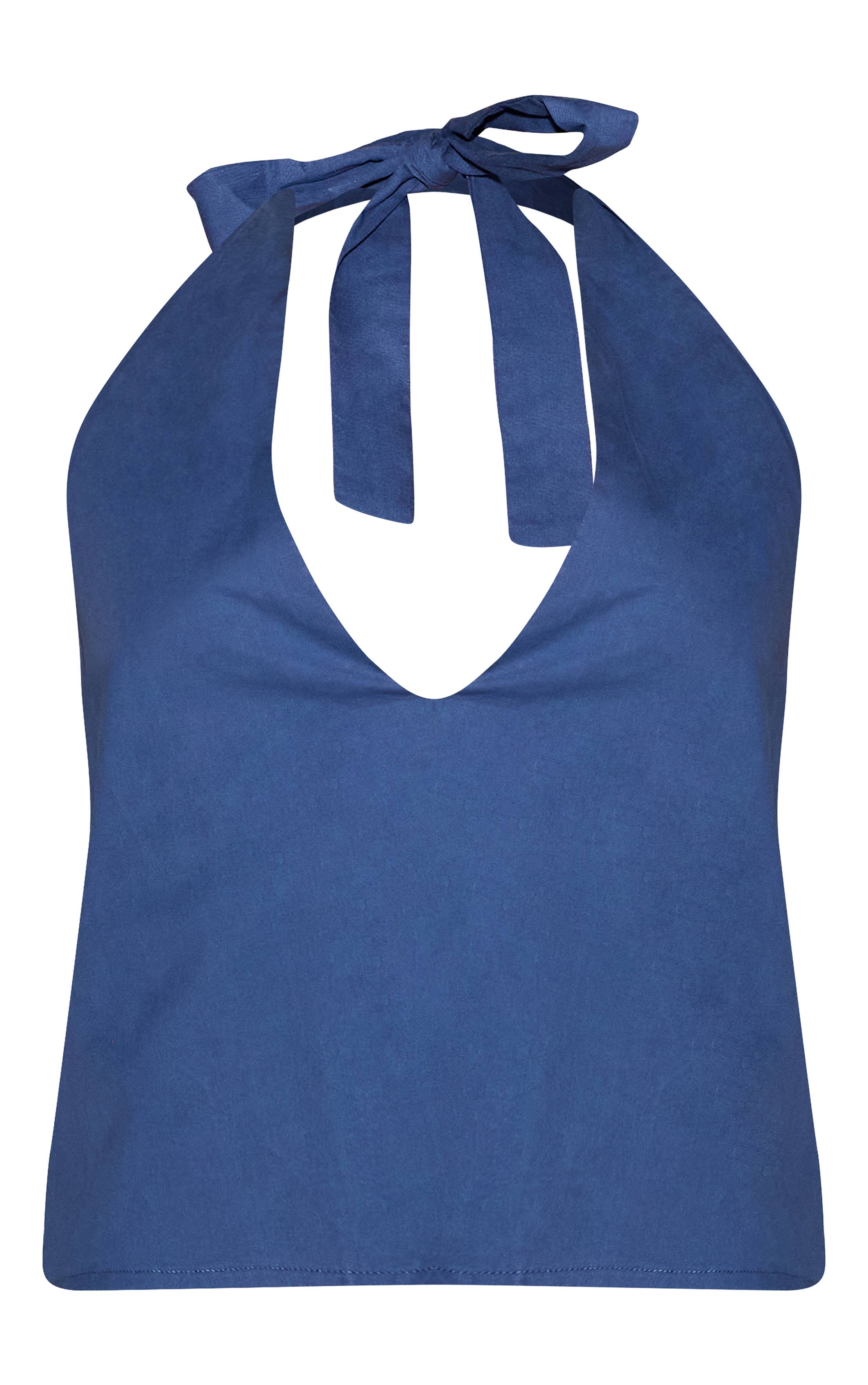 Bleu Marine Top Caraco Long En Coton À Col Licou