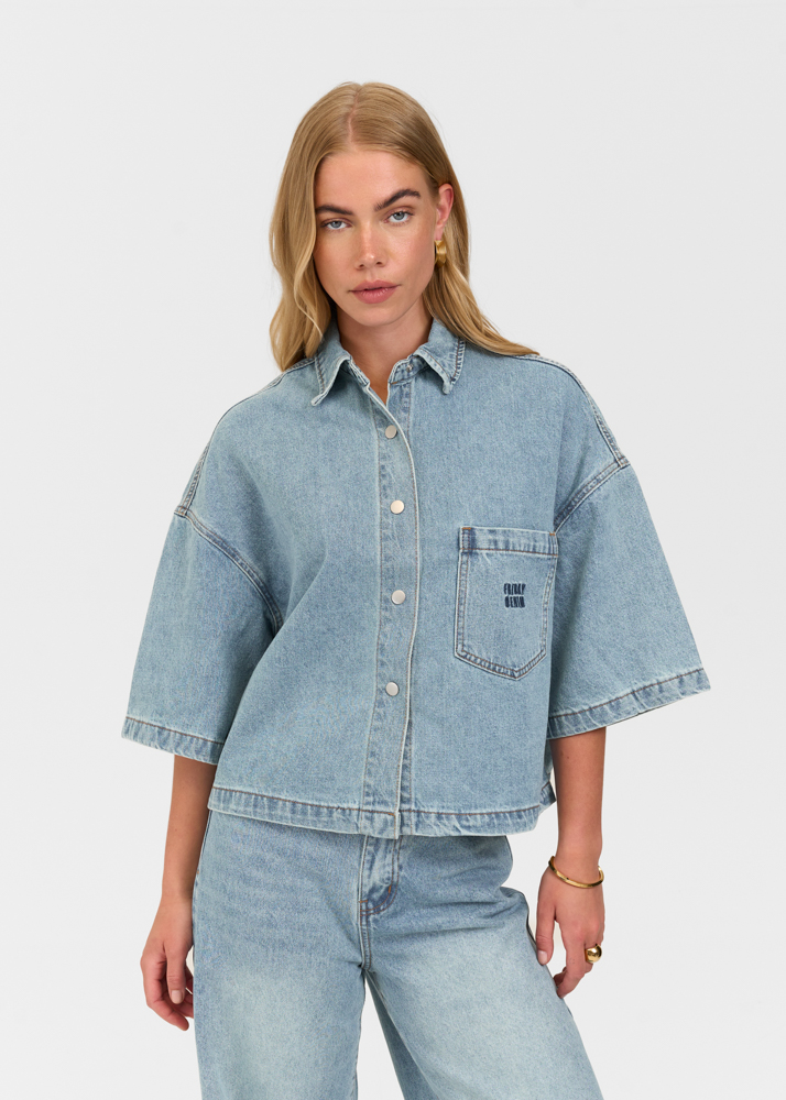 Denim blouse korte mouw smokey blauw
