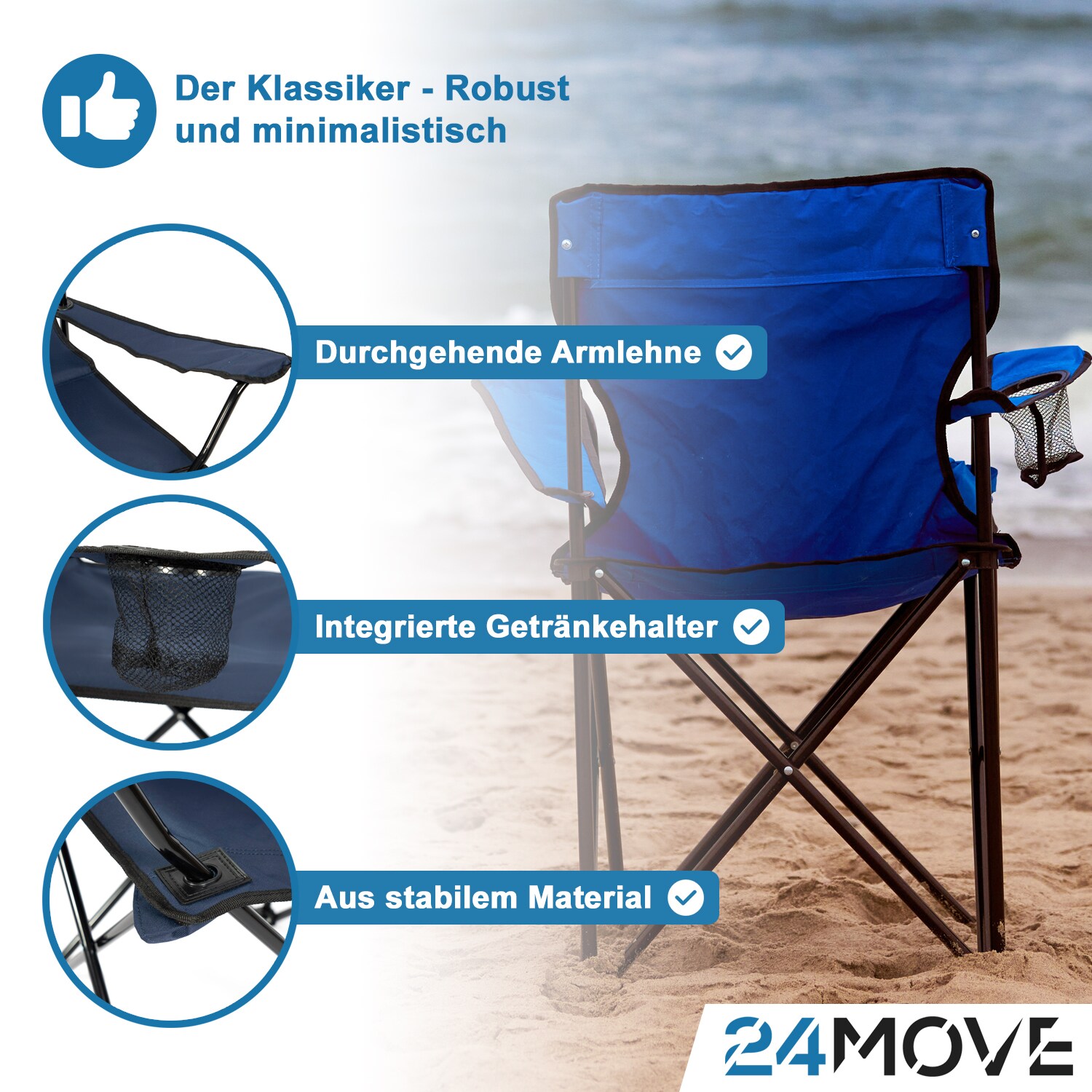 24MOVE® Campingstuhl Faltstuhl, schwarz, mit Getränkehalter und Tragetasche Outdoor, faltbar max. 100kg, Angerstuhl, Klappstuhl