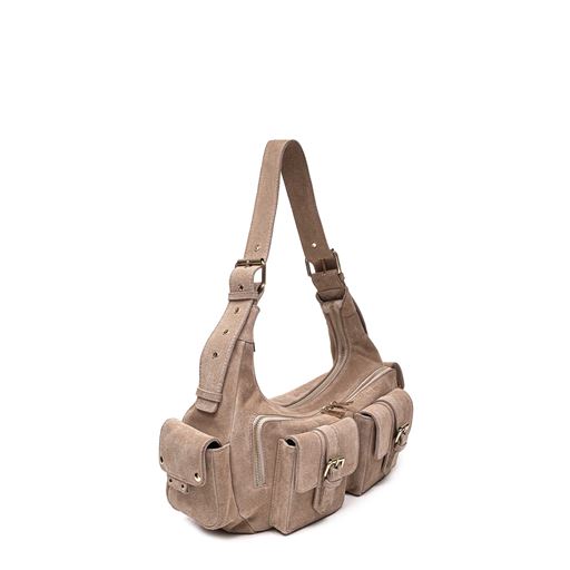 Núnoo Sally Buckle Suede Skuldertaske, Beige