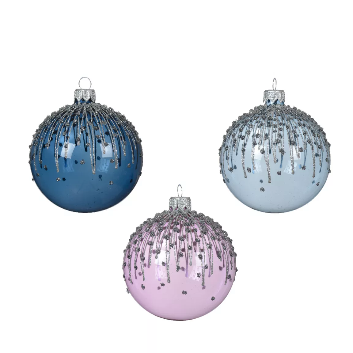 Lot de 6 boules de Noël en verre (D80 mm) Givrées Bleu glacé et lilas