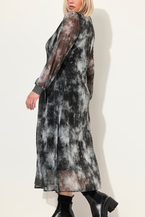 Smok-Midikleid, Batikmuster, V-Ausschnitt, Langarm
