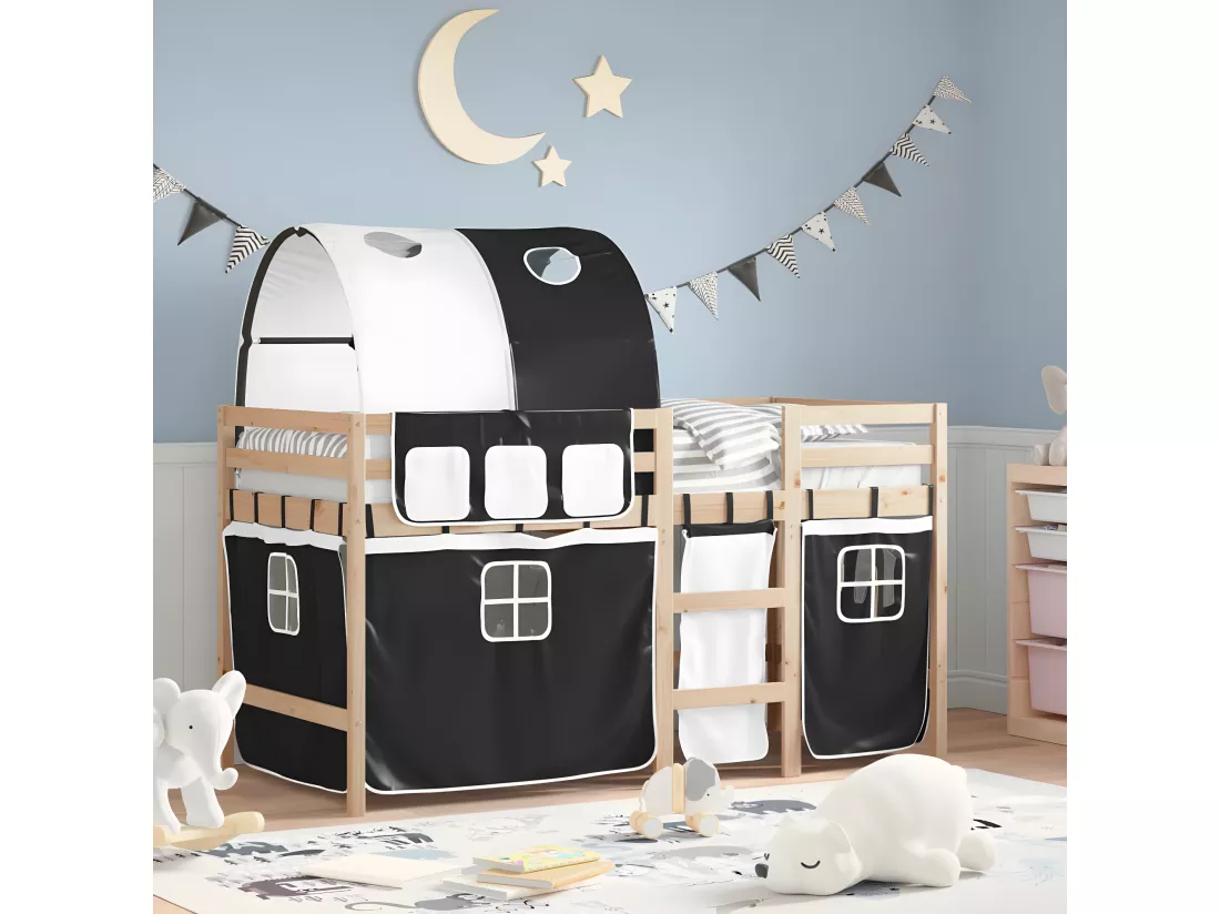 Lit mezzanine enfants et tunnel blanc/noir 90x190 cm pin massif