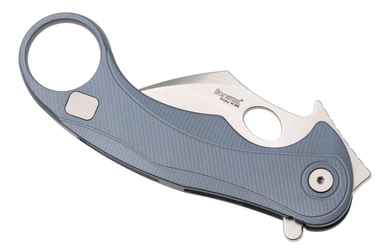 LionSteel L.E.One Mid LE2-IS, Stonewashed M390, Ice Blue Aluminum, karambit zakmes
