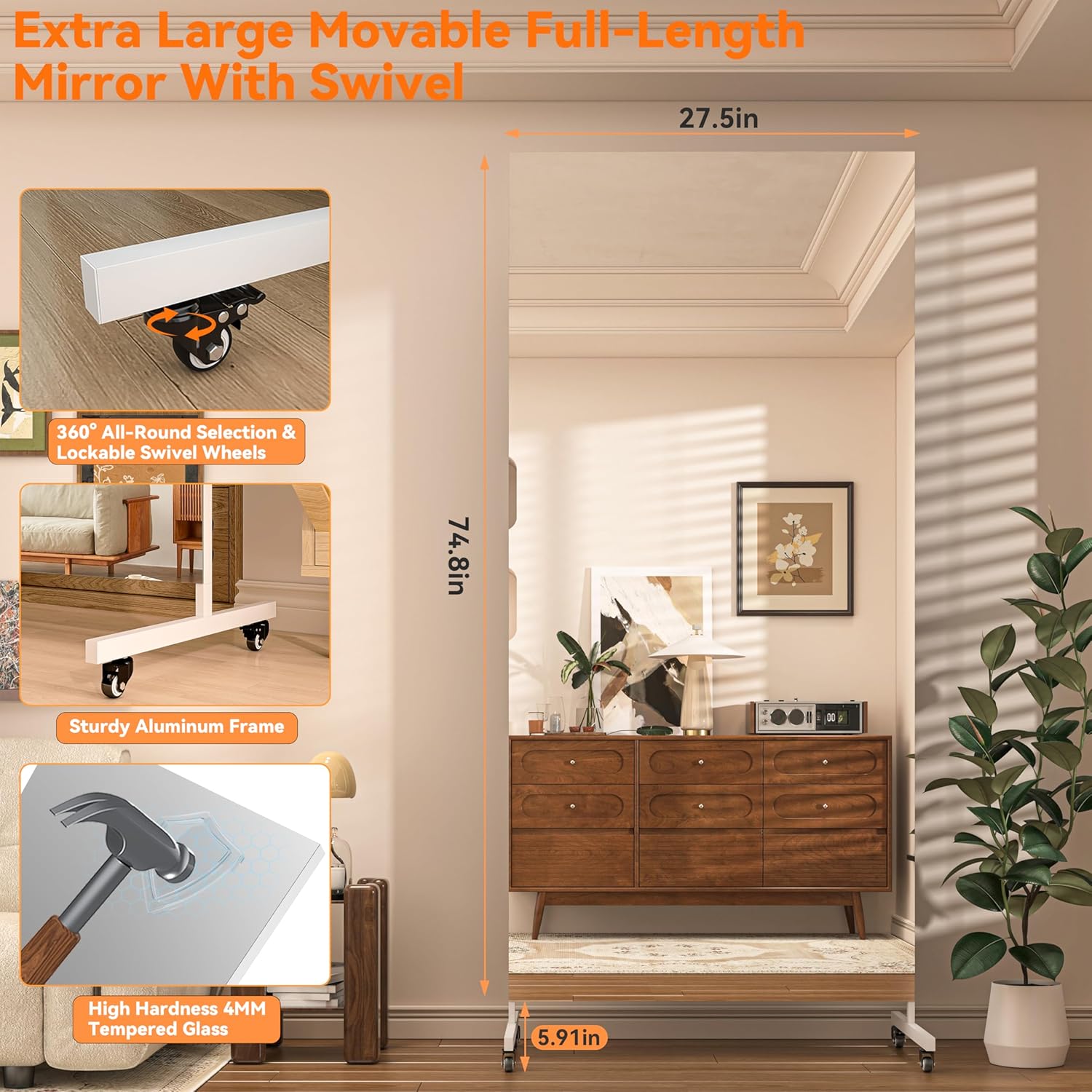 Hasipu Ganzkörperspiegel 190 x 70 cm, 360° Drehbar Standspiegel mit Rollen, Gehärtetes Glas Home Gym Tanzspiegel für Schlafzimmer Fitnessraum Yoga