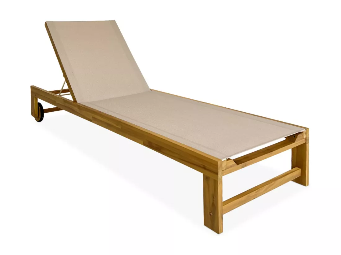 Lot de 2 bains de soleil en bois d'acacia et textilène beige. multi positions avec roulettes