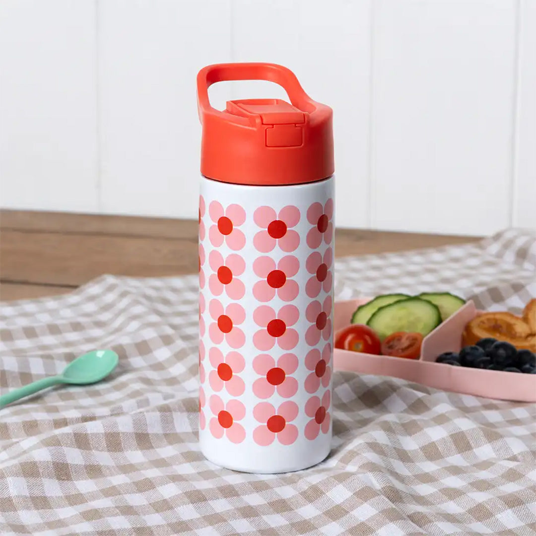 Rex london rvs drinkfles met rietje - pink daisy - 500 ml
