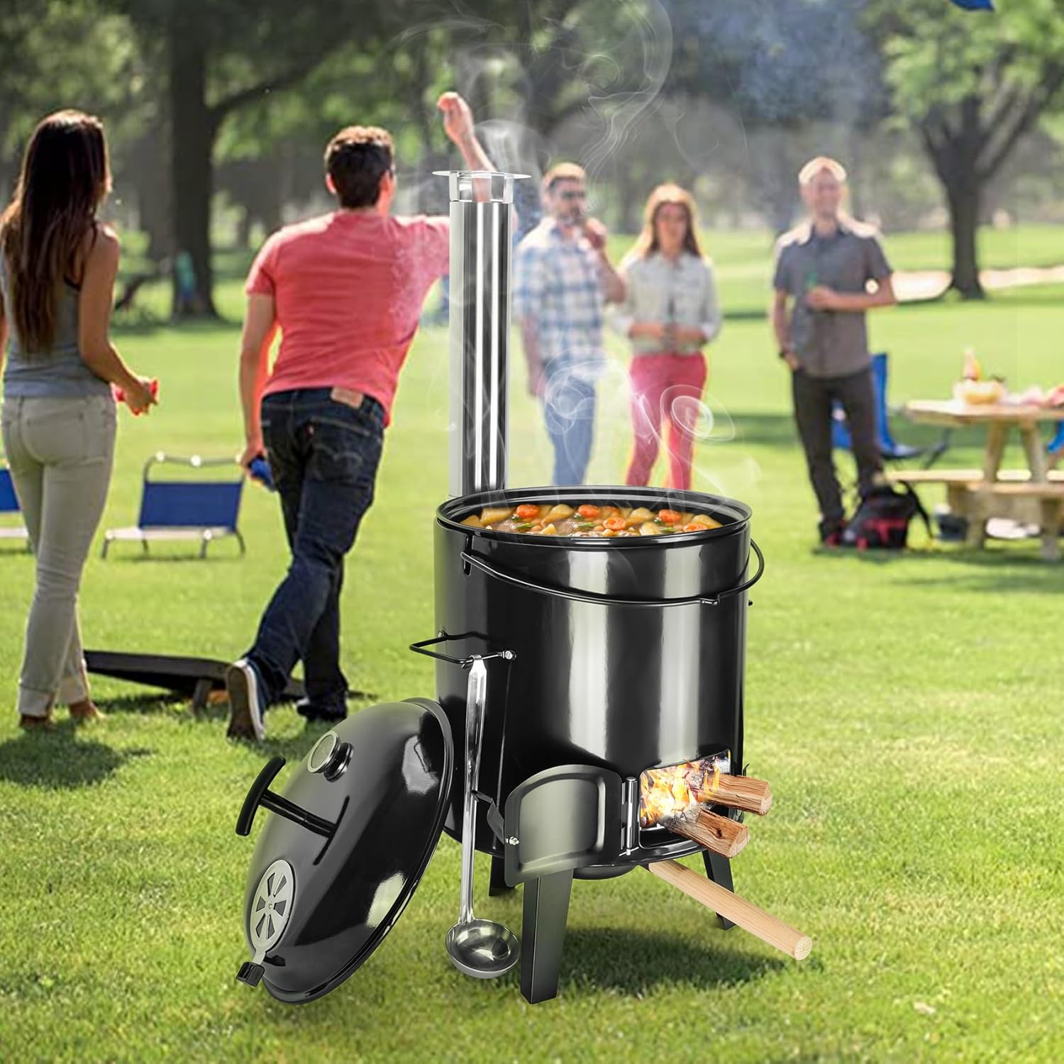 onlyfire Emailliert Gulaschkanone, Kesselgulasch mit Hähnchenbräter, Grillrost, Gulaschkessel mit Suppenkelle, Deckel, Thermometer, 14L Eintopfofen mit Grillfunktion Ofen Grill Kugelgrill für Outdoor