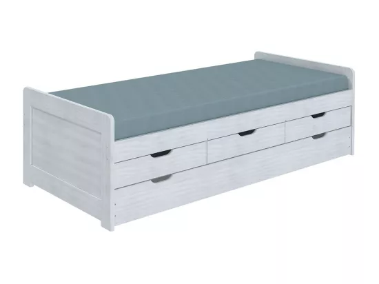 TOMMY - Lit Gigogne 90x200 avec Tiroirs en Bois Massif Cérusé Blanc