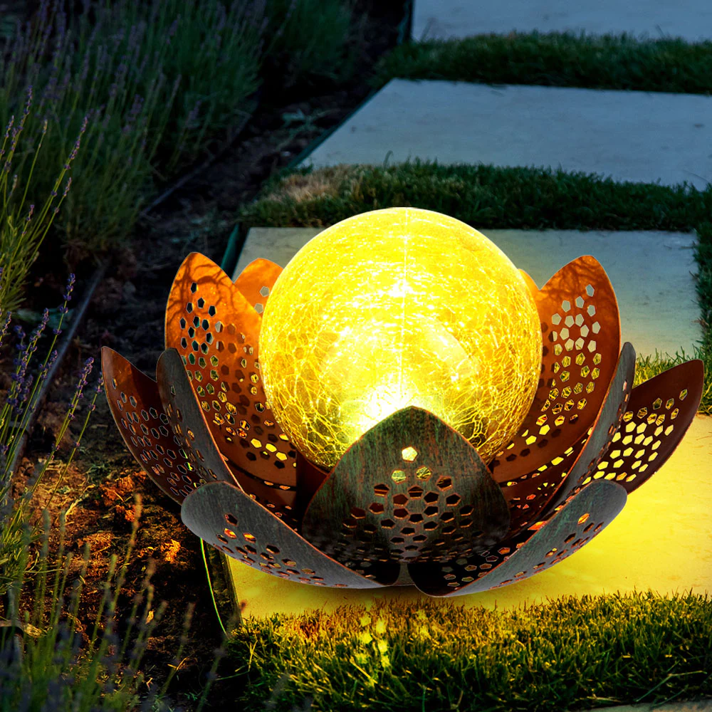 LED Solarleuchte, Lotusblume, Kugel, Crackle-Glas, 35 cm